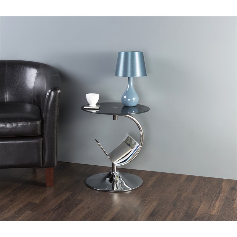 AVF Steel and Glass Round End Table with Magazine Rack in Black/Chrome