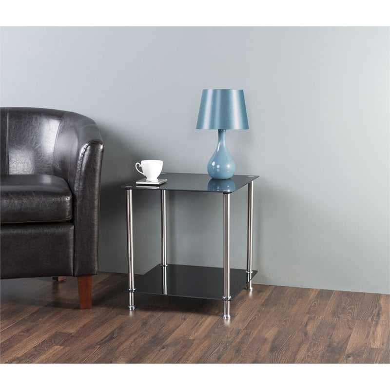 AVF Transitional Steel and Glass Two Tier Square End Table in Black/Chrome