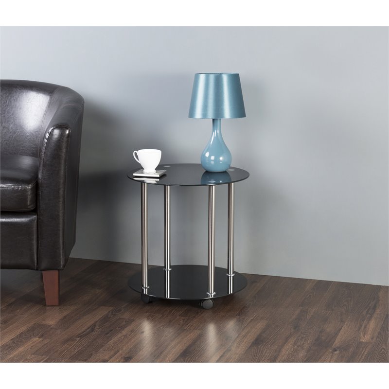AVF Steel and Glass Two Tier Round Wheeled End Table in Black/Chrome