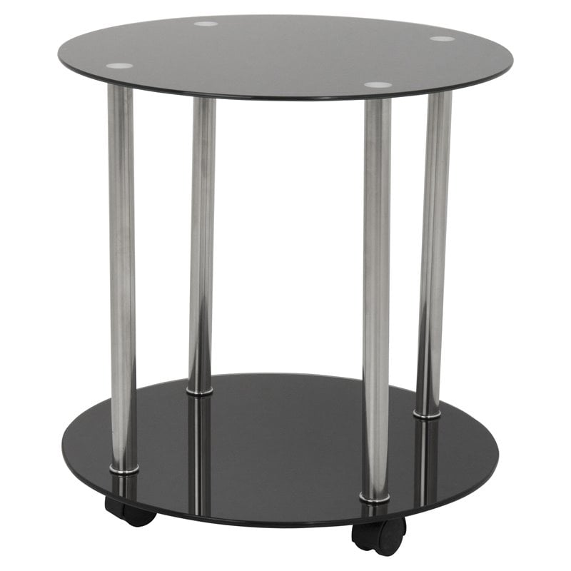 AVF Steel and Glass Two Tier Round Wheeled End Table in Black/Chrome