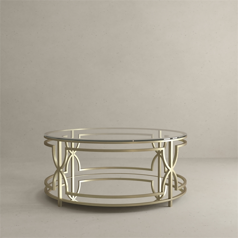 American Home Classic Edward Round Metal-Glass Coffee Table in Brushed Brass