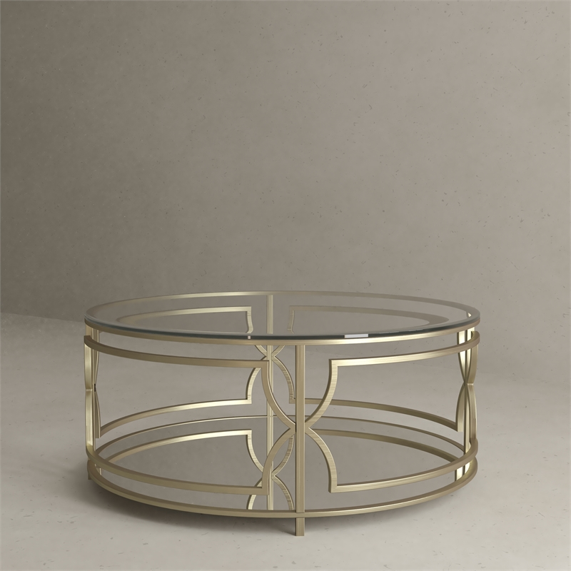 American Home Classic Edward Round Metal-Glass Coffee Table in Brushed Brass