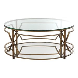 American Home Classic Edward Round Metal-Glass Coffee Table in Brushed Brass