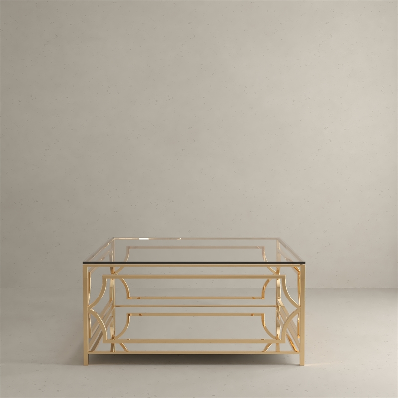 American Home Classic Edward Square Metal and Glass Coffee Table in Polish Gold