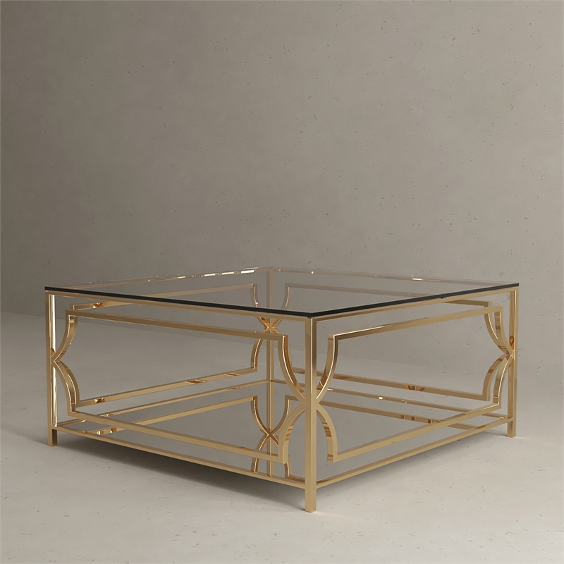 American Home Classic Edward Square Metal and Glass Coffee Table in Polish Gold