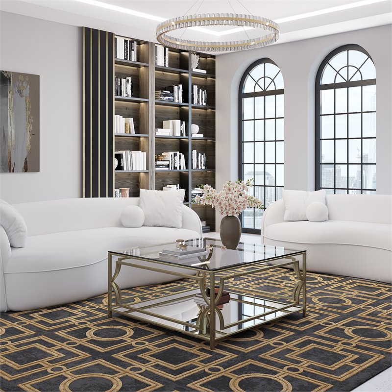 American Home Classic Edward Square Metal-Glass Coffee Table in Brushed Brass