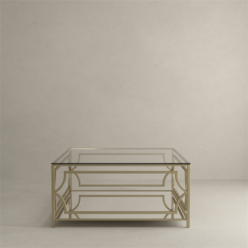 American Home Classic Edward Square Metal-Glass Coffee Table in Brushed Brass