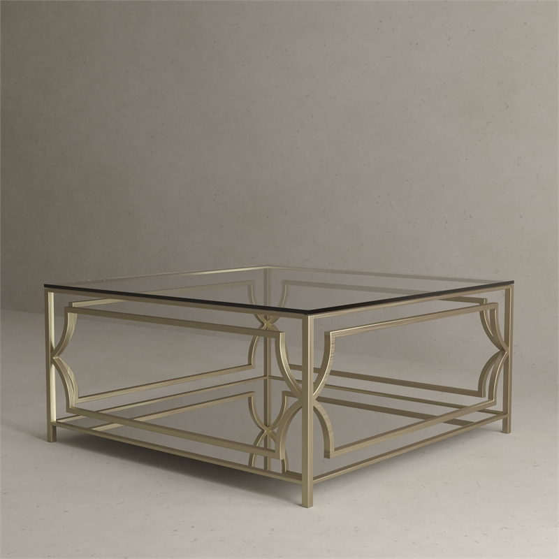 American Home Classic Edward Square Metal-Glass Coffee Table in Brushed Brass
