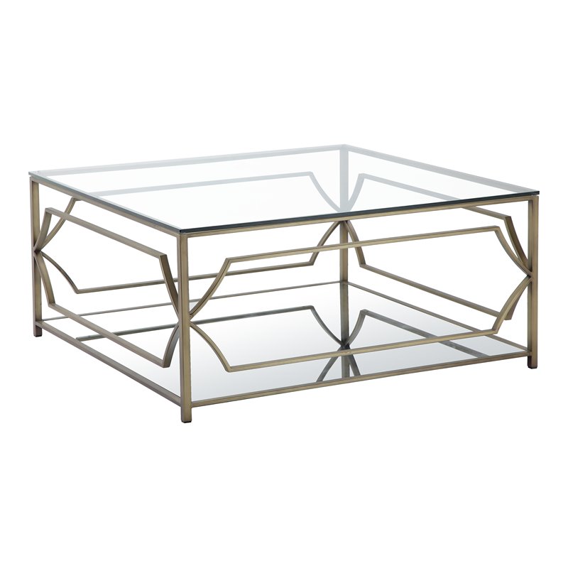 American Home Classic Edward Square Metal-Glass Coffee Table in Brushed Brass