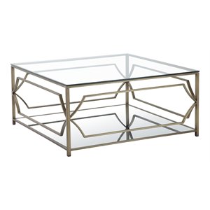 American Home Classic Edward Square Metal-Glass Coffee Table in Brushed Brass