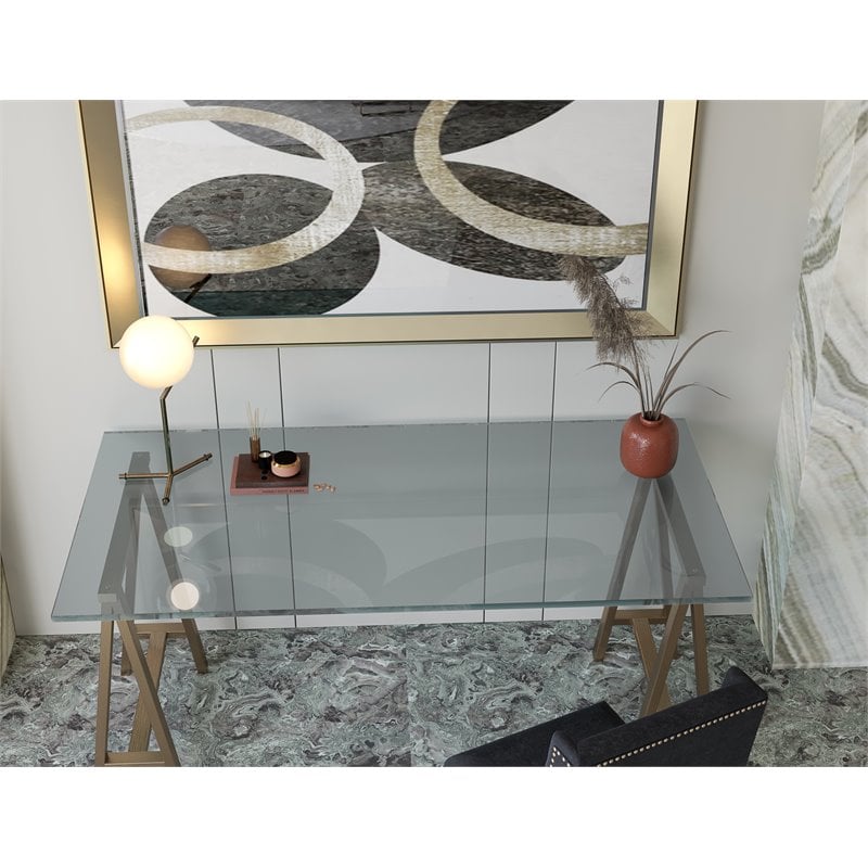 American Home Classic Brady Modern Metal and Glass Desk in Brushed Brass