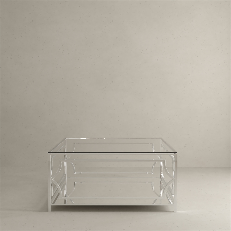 American Home Classic Edward Square Metal-Glass Coffee Table in Polish Silver