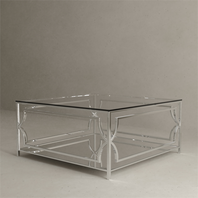American Home Classic Edward Square Metal-Glass Coffee Table in Polish Silver