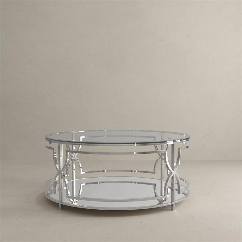 American Home Classic Edward Round Metal-Glass Coffee Table in Polish Silver