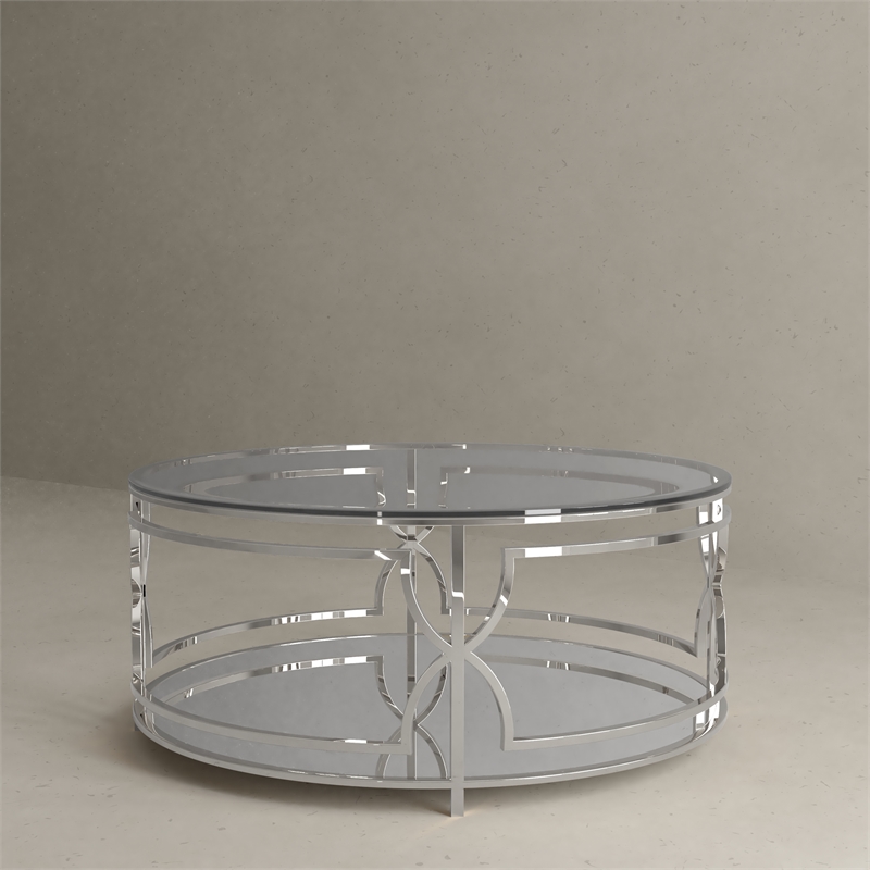 American Home Classic Edward Round Metal-Glass Coffee Table in Polish Silver