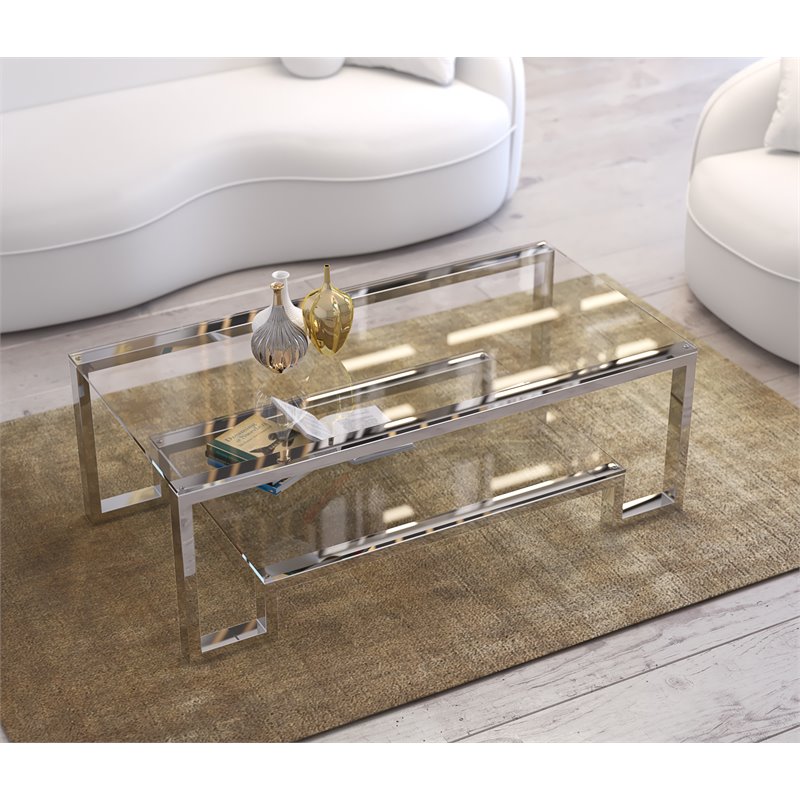 American Home Classic Laurence Metal-Glass Coffee Table in High Polish Silver