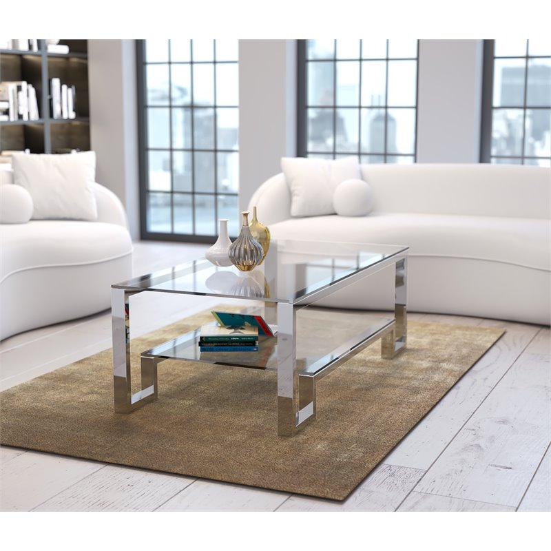 American Home Classic Laurence Metal-Glass Coffee Table in High Polish Silver