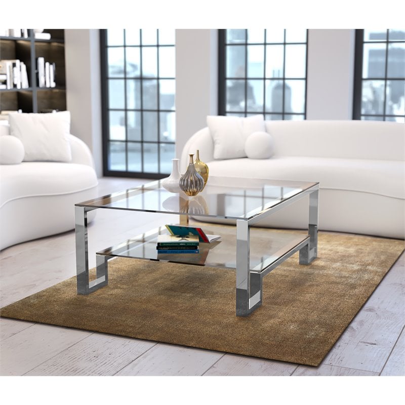 American Home Classic Laurence Metal-Glass Coffee Table in High Polish Silver