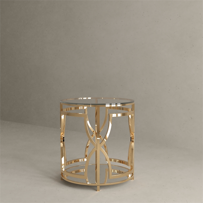 American Home Classic Edward Round Metal-Glass Side Table in High Polish Gold