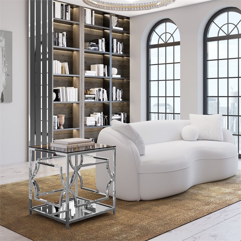 American Home Classic Edward Metal and Glass Side Table in High Polish Silver