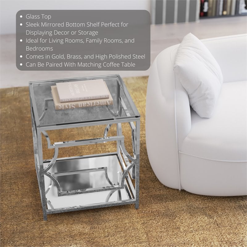 American Home Classic Edward Metal and Glass Side Table in High Polish Silver