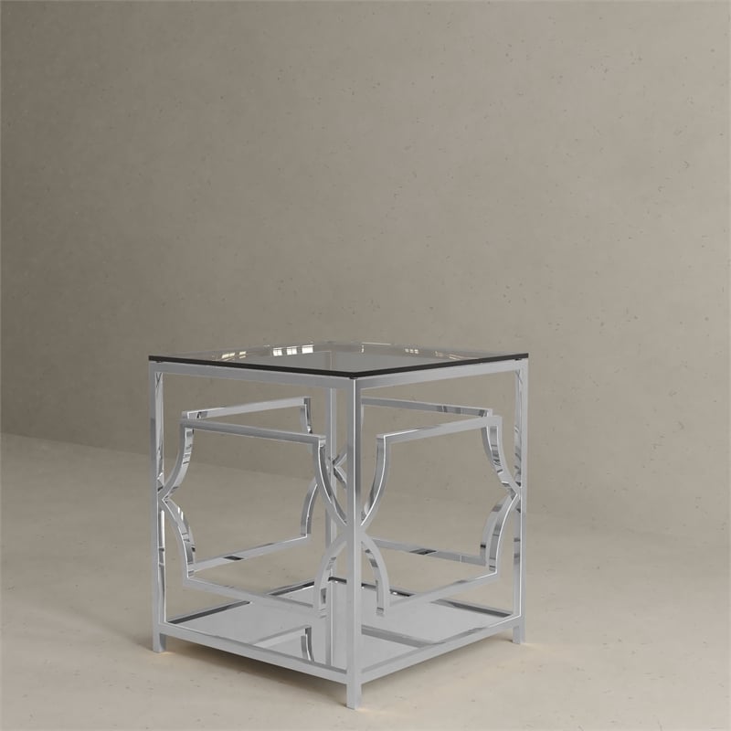 American Home Classic Edward Metal and Glass Side Table in High Polish Silver