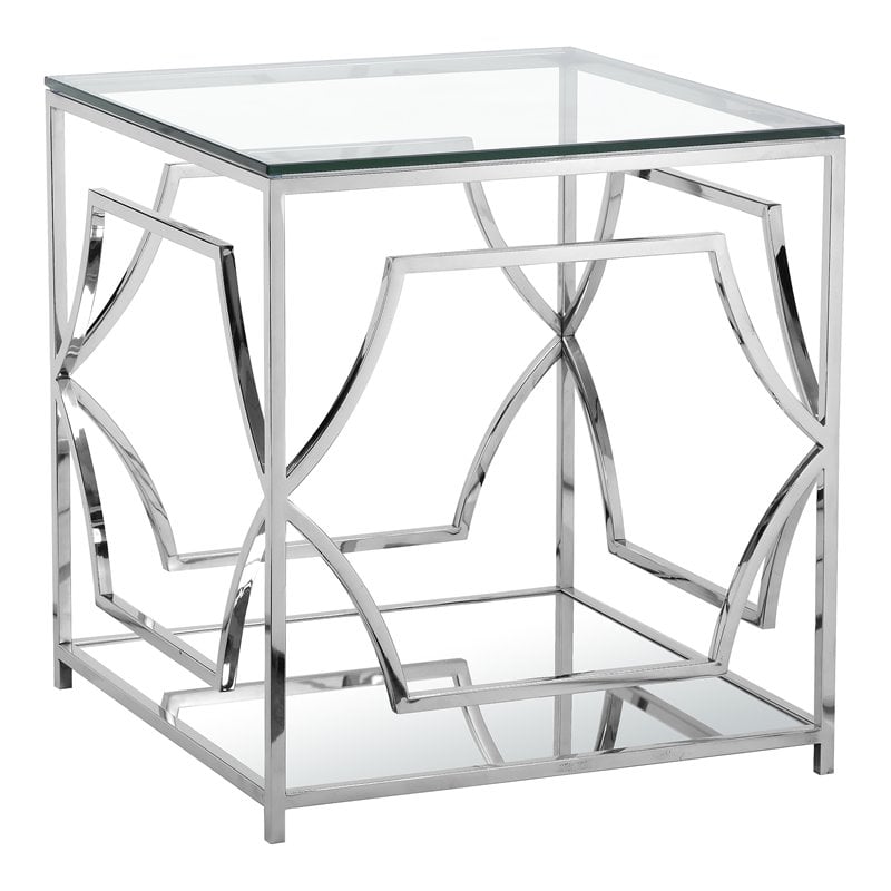 American Home Classic Edward Metal and Glass Side Table in High Polish Silver
