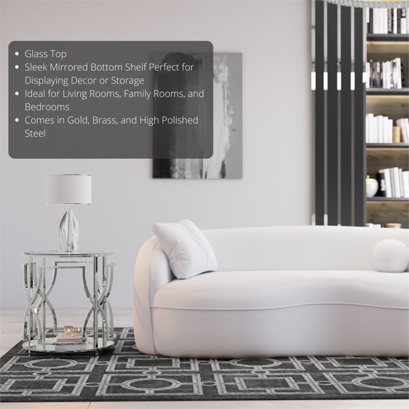 American Home Classic Edward Round Metal-Glass Side Table in High Polish Silver