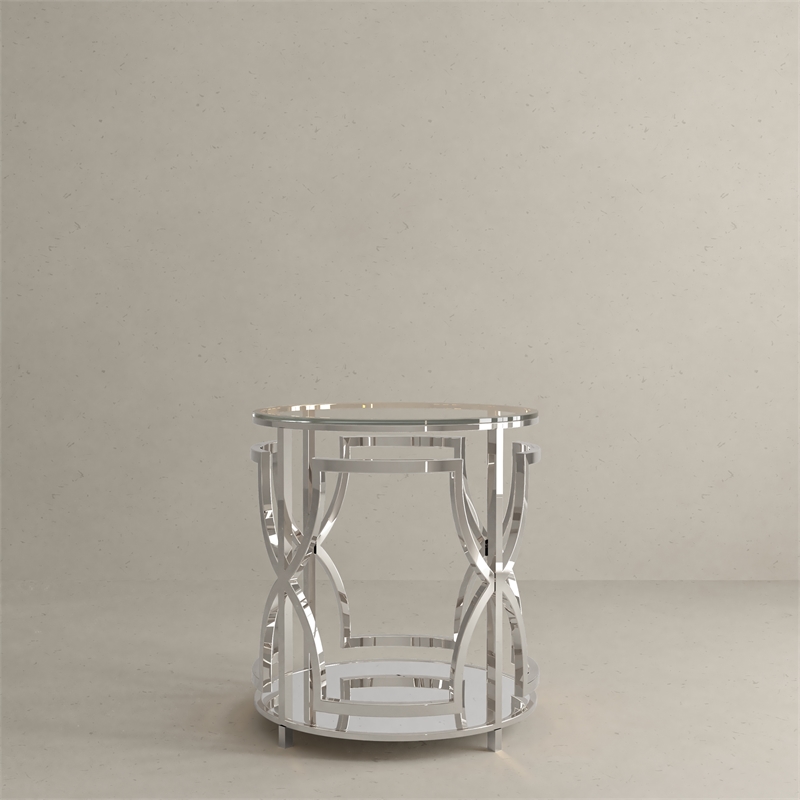 American Home Classic Edward Round Metal-Glass Side Table in High Polish Silver