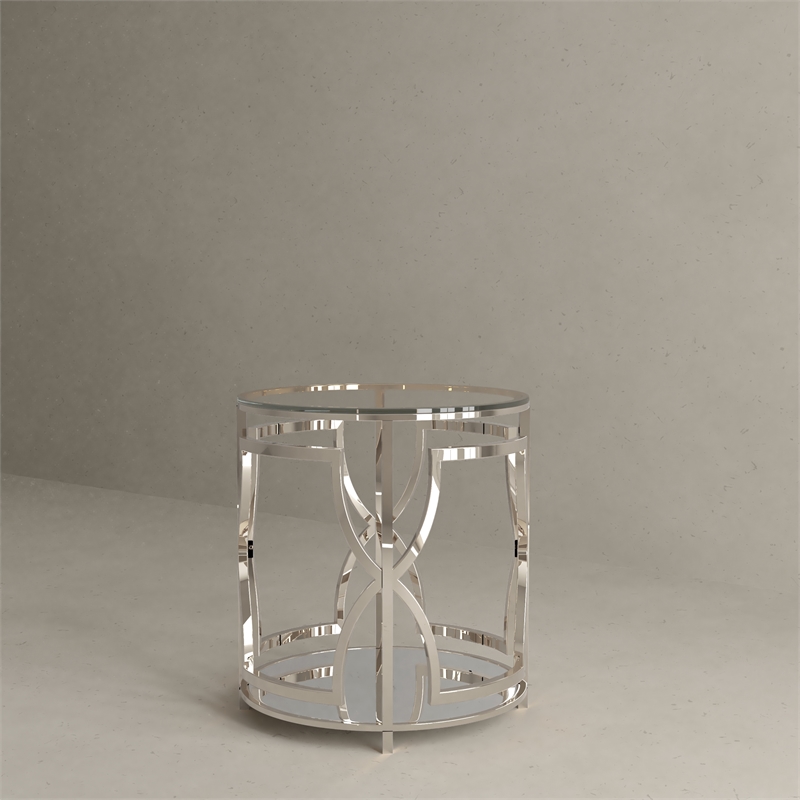 American Home Classic Edward Round Metal-Glass Side Table in High Polish Silver