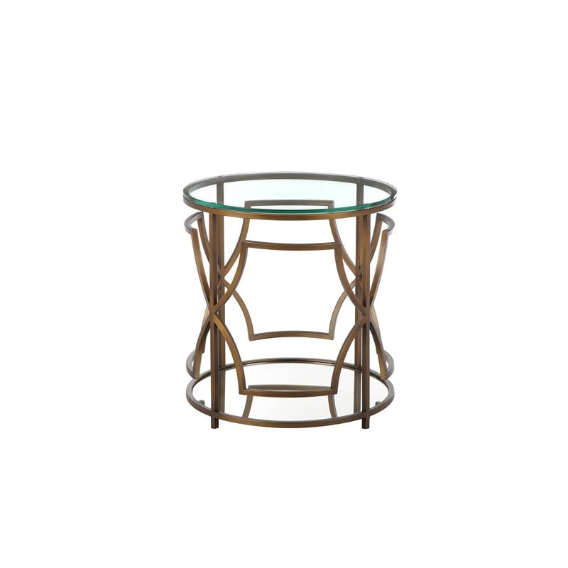 American Home Classic Edward Round Metal and Glass Side Table in Brushed Brass