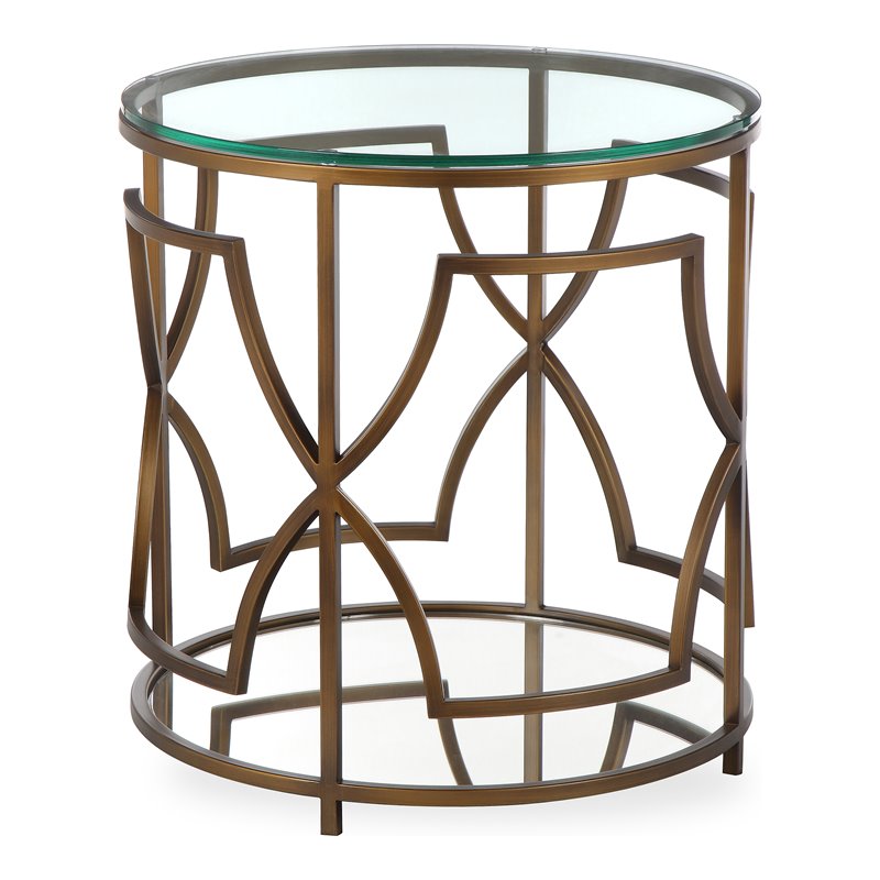 American Home Classic Edward Round Metal and Glass Side Table in Brushed Brass