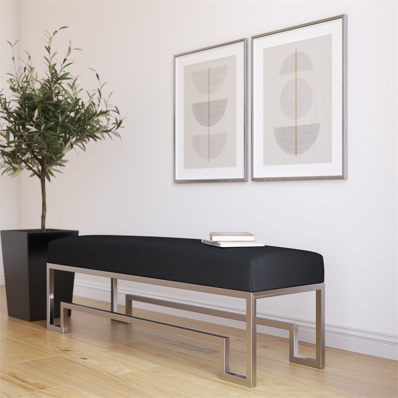 American Home Classic Laurence Steel Bench High Polish Silver/Faux Black Gator