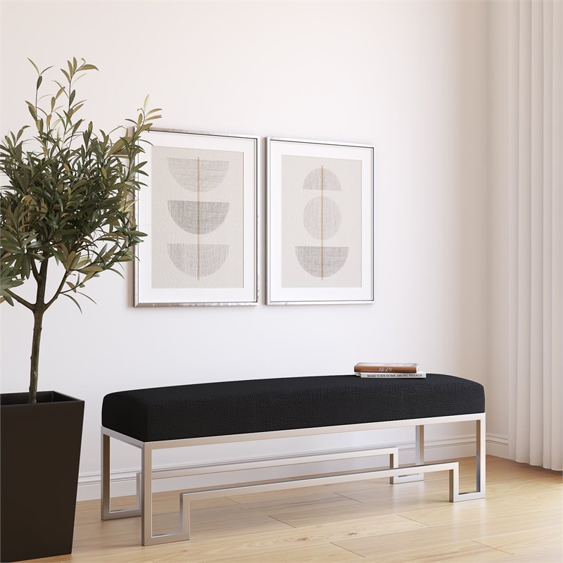 American Home Classic Laurence Steel Bench High Polish Silver/Faux Black Gator