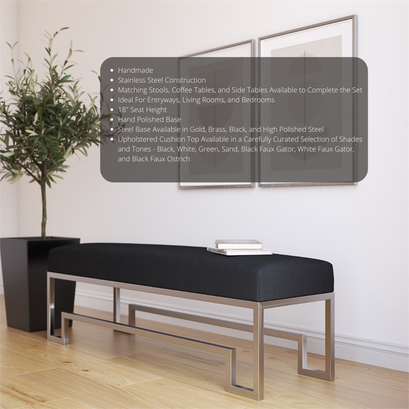 American Home Classic Laurence Steel Bench High Polish Silver/Faux Black Gator