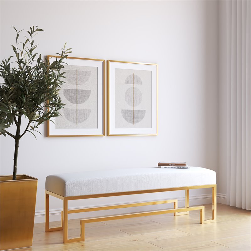 American Home Classic Laurence Steel and Fabric Bench in High Polish Gold/White