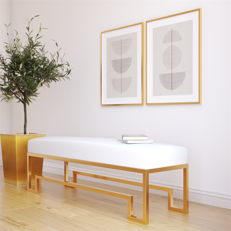 American Home Classic Laurence Steel and Fabric Bench in High Polish Gold/White