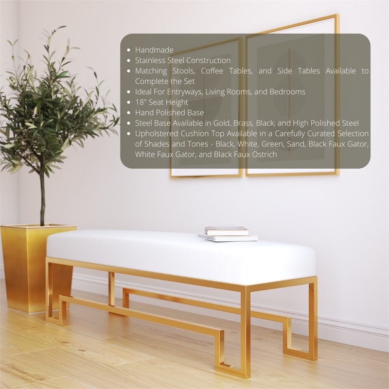 American Home Classic Laurence Steel and Fabric Bench in High Polish Gold/White