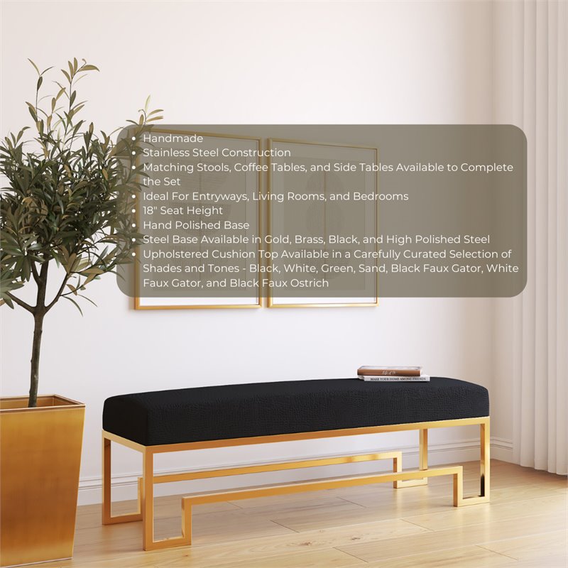 American Home Classic Laurence Steel and Fabric Bench in High Polish Gold/Black