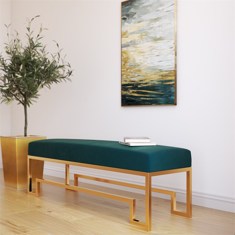 American Home Classic Laurence Steel and Velvet Bench in Gold and Green