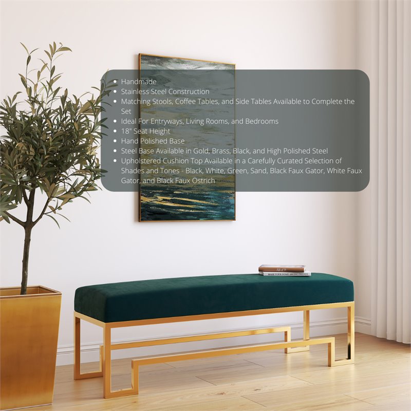 American Home Classic Laurence Steel and Velvet Bench in Gold and Green