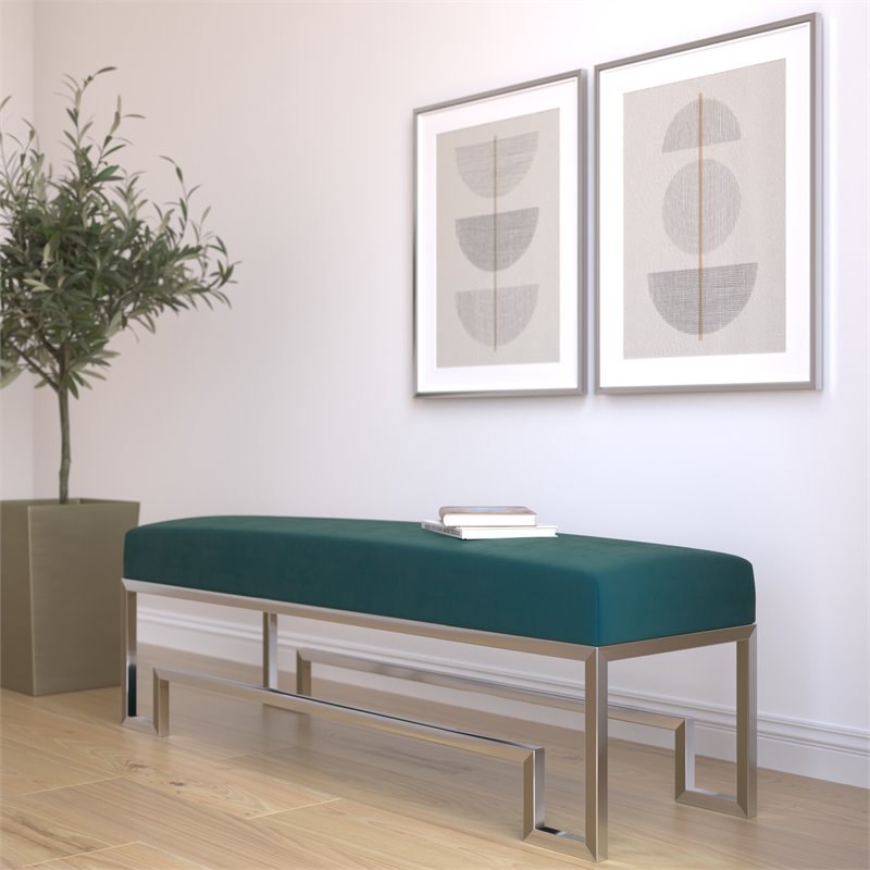 American Home Classic Laurence Steel and Velvet Bench in Silver and Green