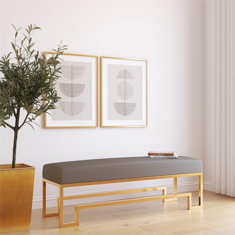 American Home Laurence Steel and Fabric Bench in High Polish Gold/Sand Boucle