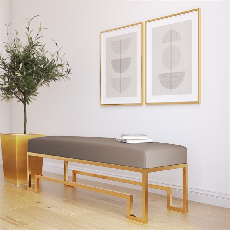 American Home Laurence Steel and Fabric Bench in High Polish Gold/Sand Boucle