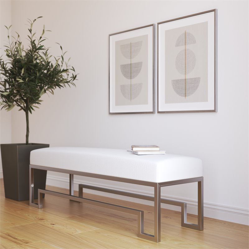 American Home Classic Laurence Steel Bench in High Polish Silver/White