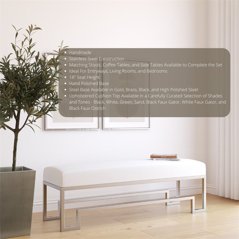 American Home Classic Laurence Steel Bench in High Polish Silver/White