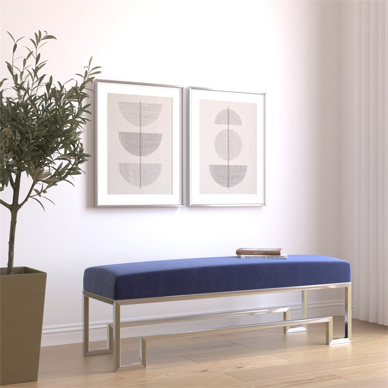 American Home Classic Laurence Steel and Velvet Bench in Silver and Navy