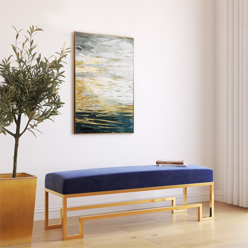 American Home Classic Laurence Steel and Velvet Bench in Gold and Navy