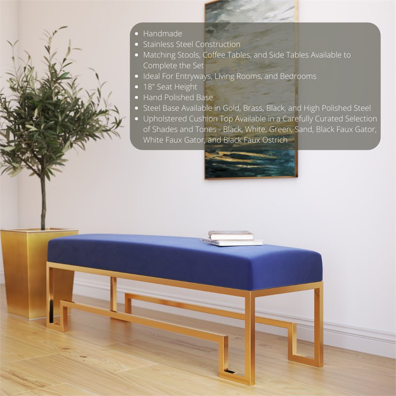 American Home Classic Laurence Steel and Velvet Bench in Gold and Navy