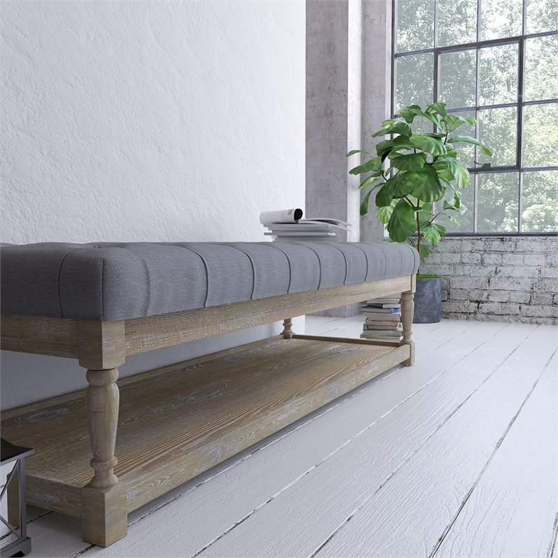 American Home Classic Athena Solid Wood and Fabric Bench in Frost Gray